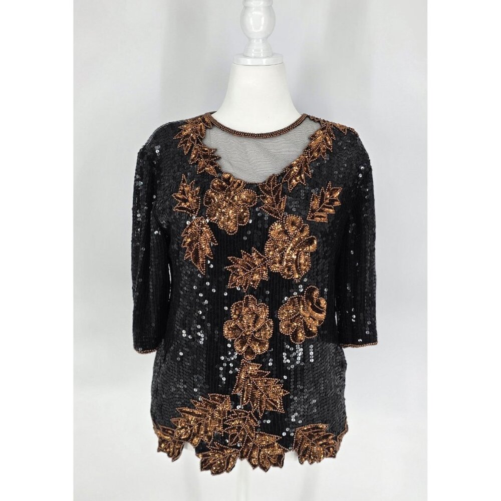 Creative Touch Sequin Top Women Large Black Bronze Floral‎ Beaded Silk Vintage